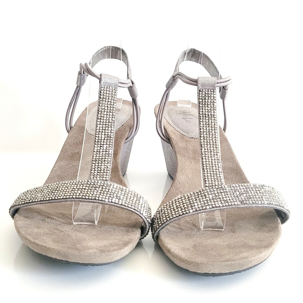 Style & Co Mulan Embellished Wedge Sandals 9M Silver Grey Rhinestone T-strap Y2K - Picture 16 of 17